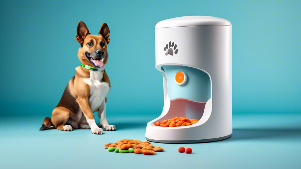 Create an image of a sleek, modern interactive dog treat dispenser with a large, easy-to-press button. The dispenser should have a playful design with colorful lights and display an enthusiastic dog e